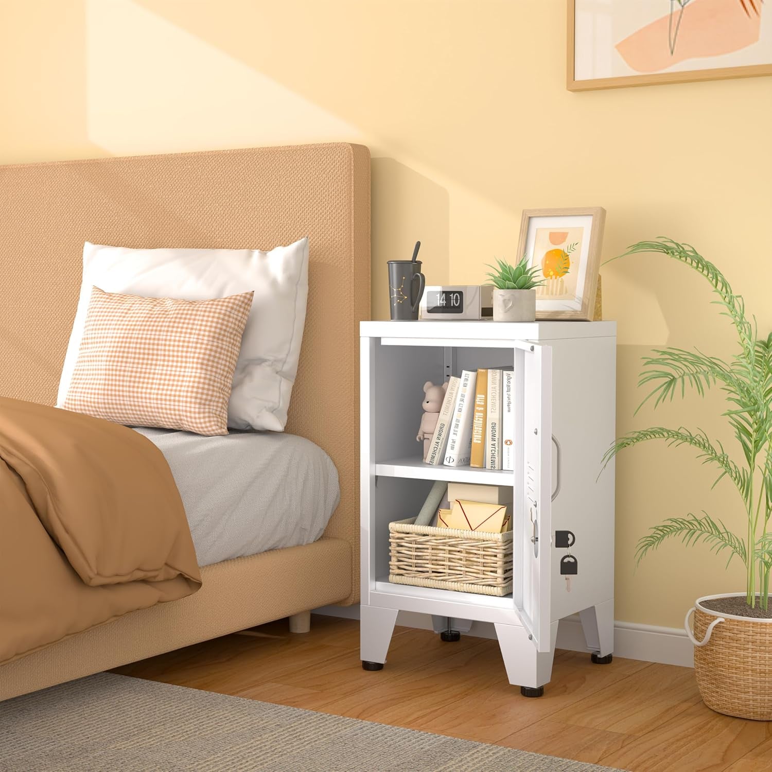 White locker used as a bedside table with the door open showing an adjustable shelf and stored items