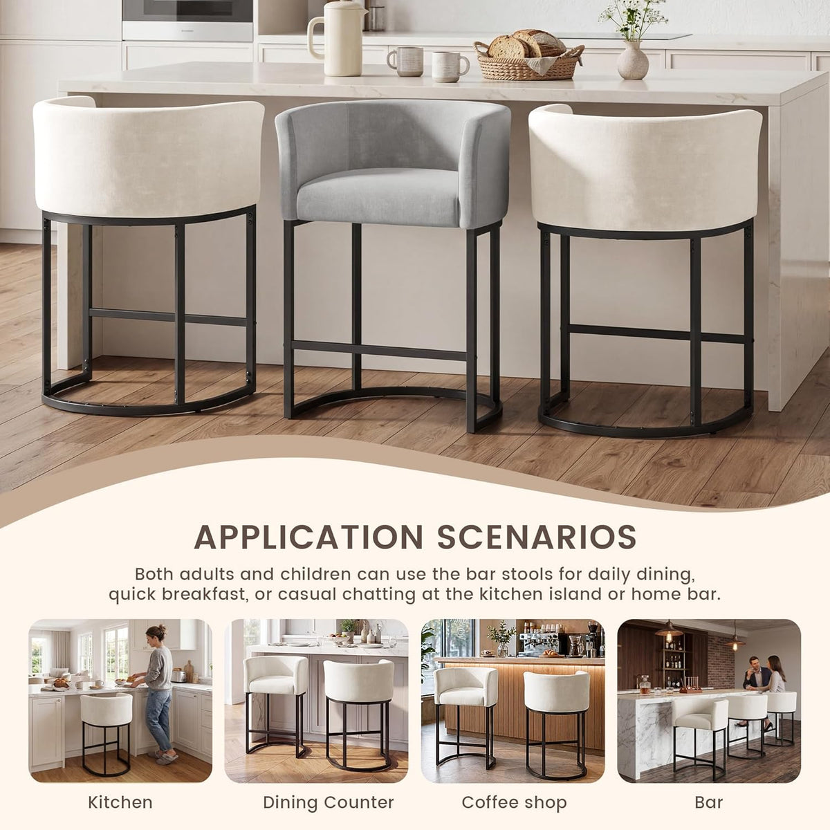 Three counter stools in a row under an island: two off-white flanking a single light-gray stool in the center.