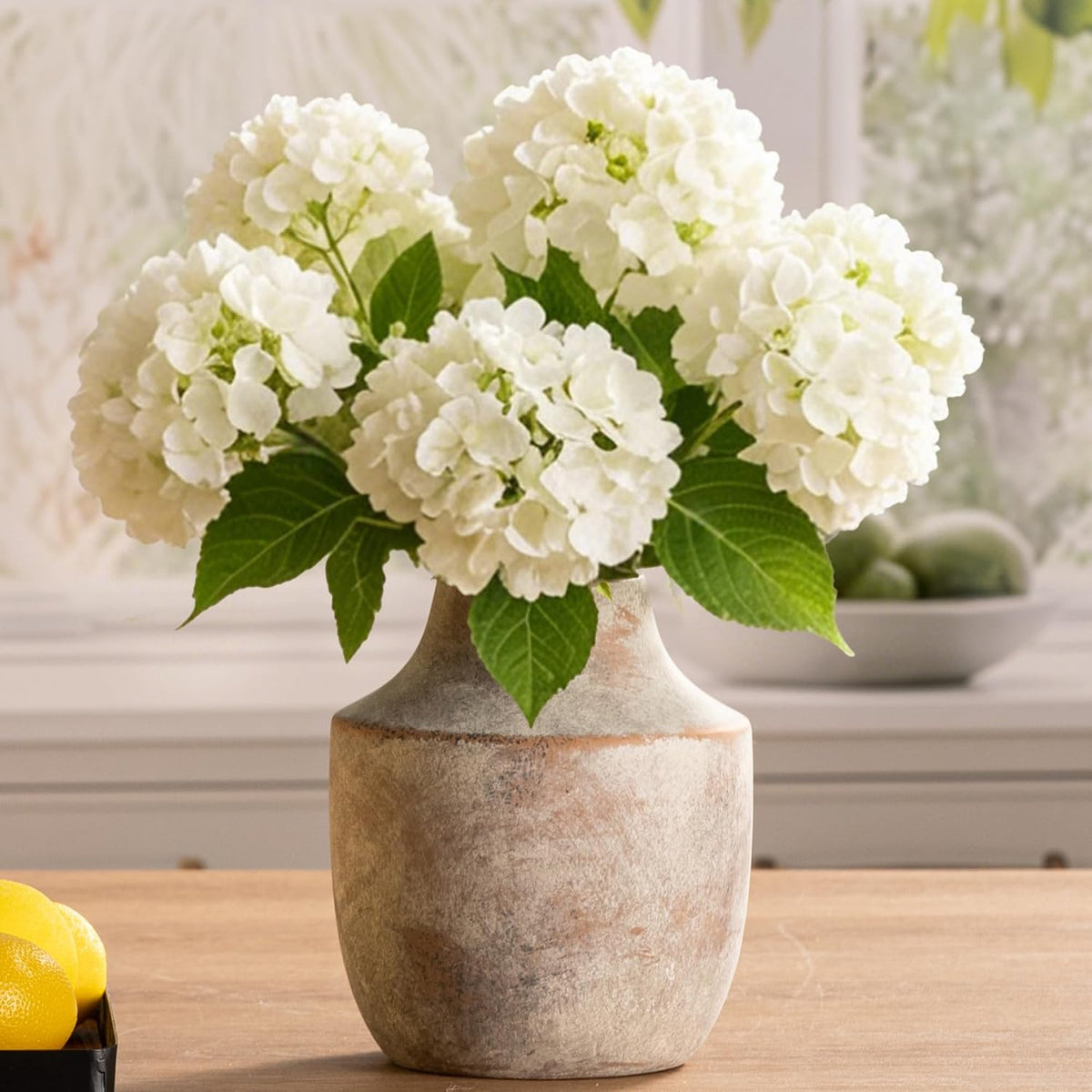Front crop of a weathered ceramic vase filled with rounded white hydrangea blooms and green leaves.