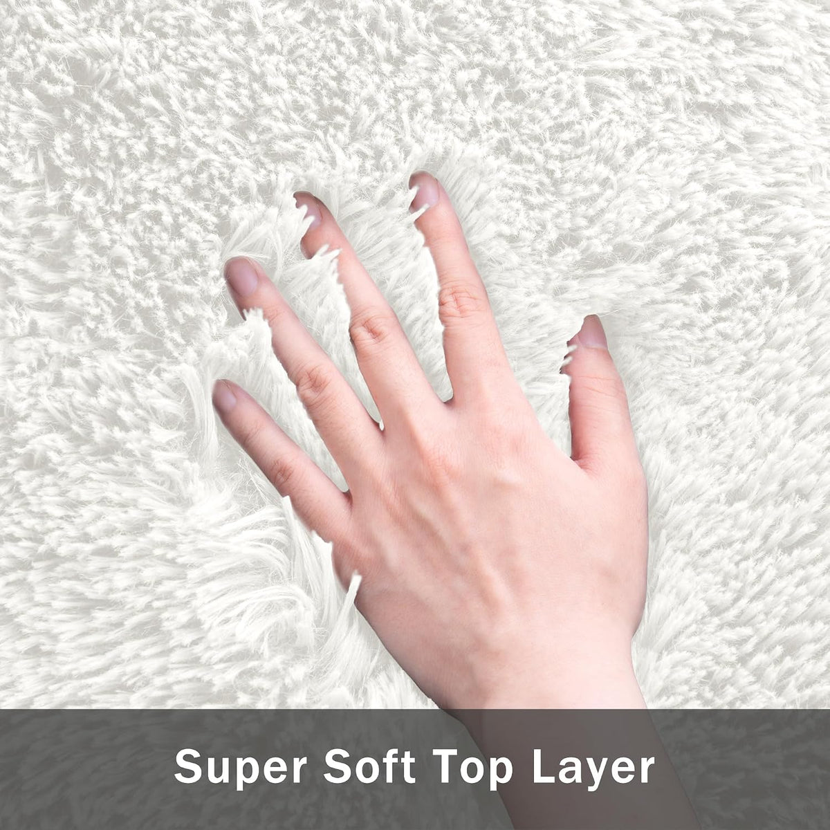 Close-up of a hand running fingers through thick white shag fibers to show texture.