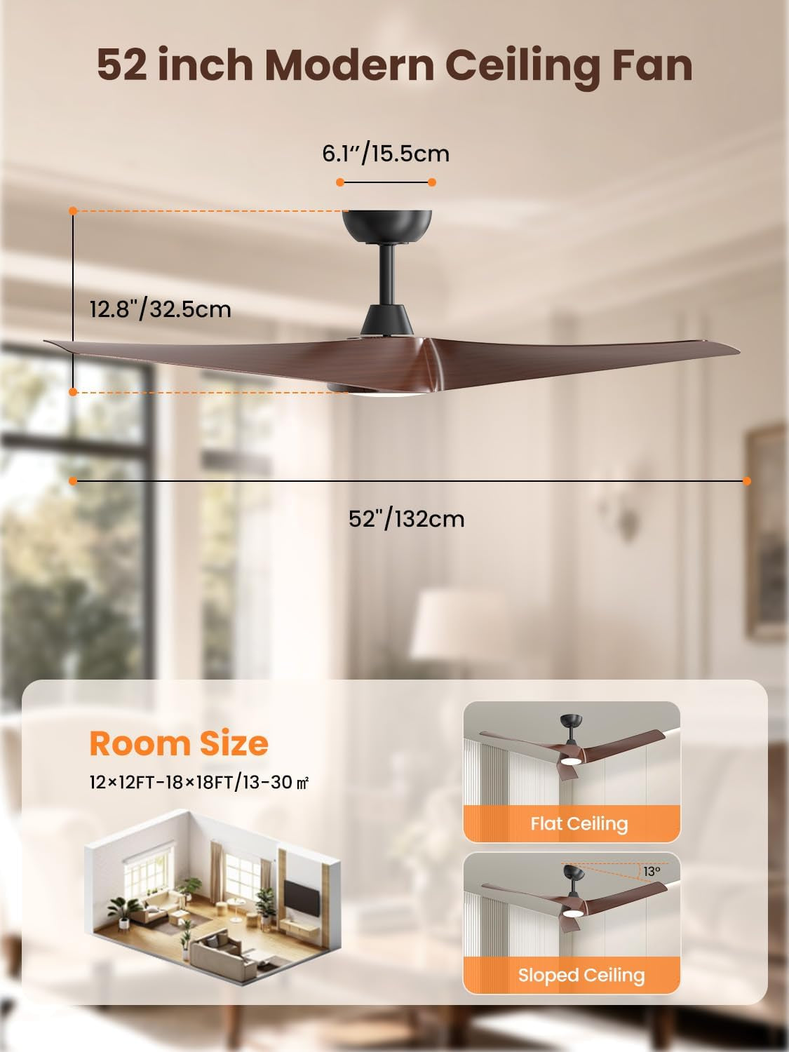 Side view diagram of the 52-inch fan showing measurements and flat vs sloped ceiling illustrations.