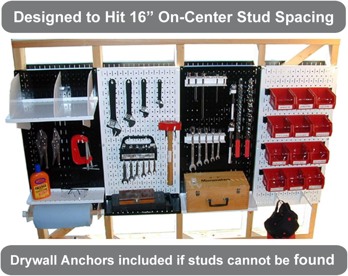Wall-mounted pegboard panels with hooks, shelves and red bins storing tools and hardware