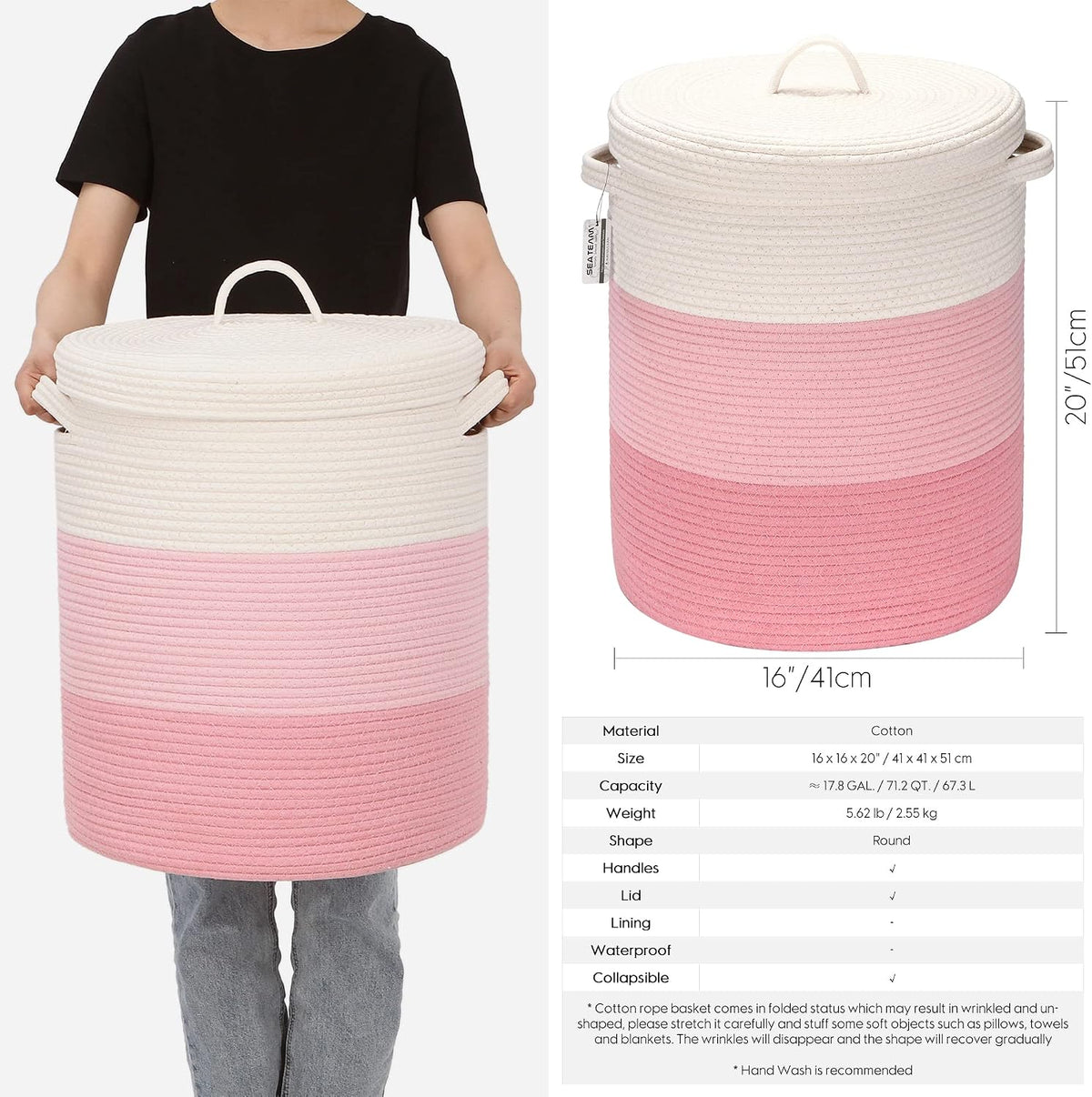 Composite image: person holding a tall white-and-pink rope laundry basket with lid beside a product dimension diagram