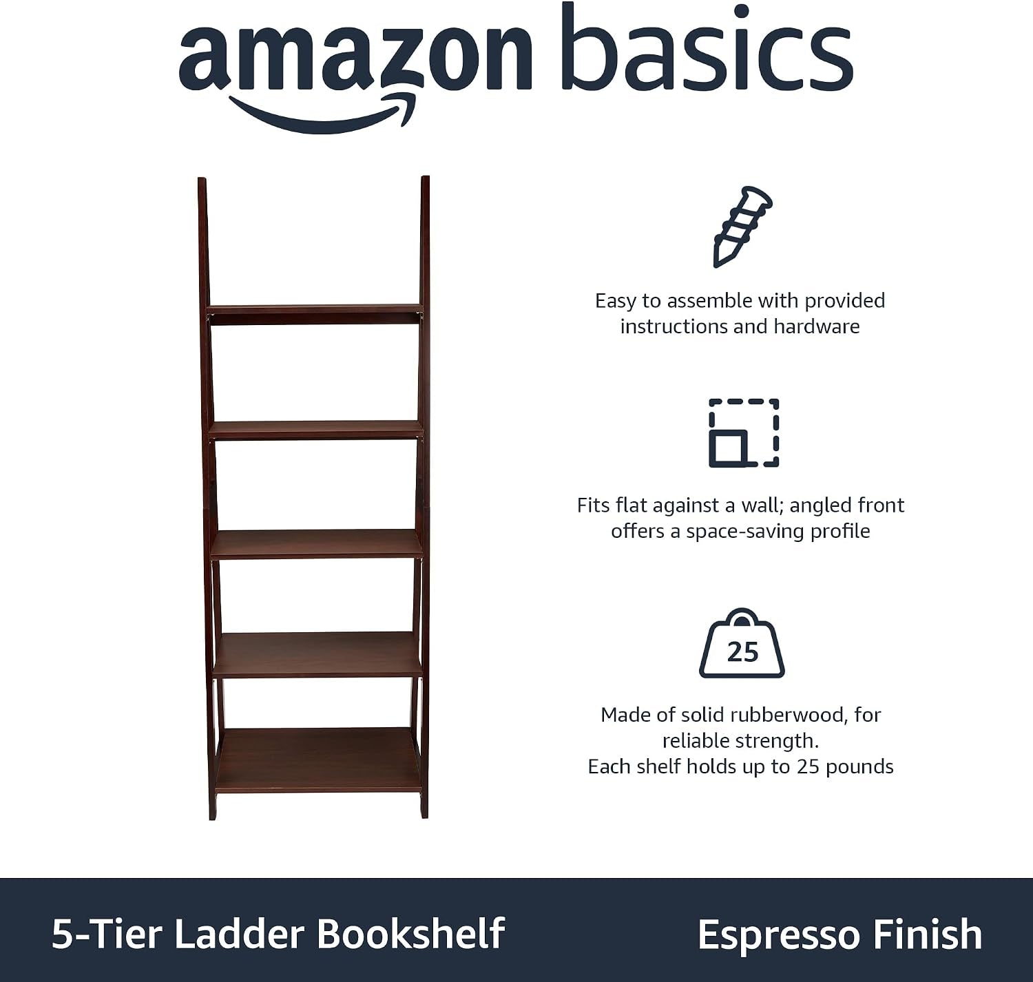 Infographic-style front view of the ladder bookshelf with feature callouts and icons on a white background