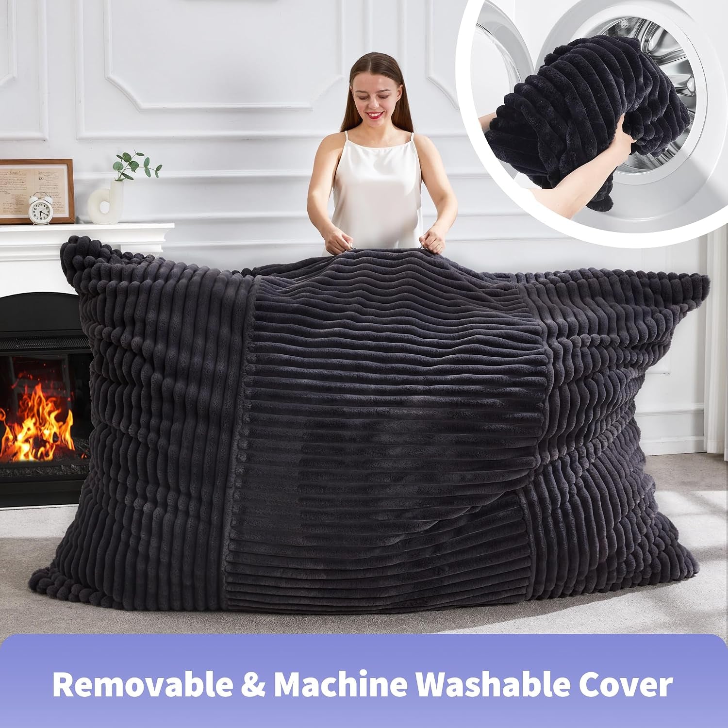 Front view of a woman fluffing a large dark ribbed bag chair with an inset circle showing the cover being placed into a