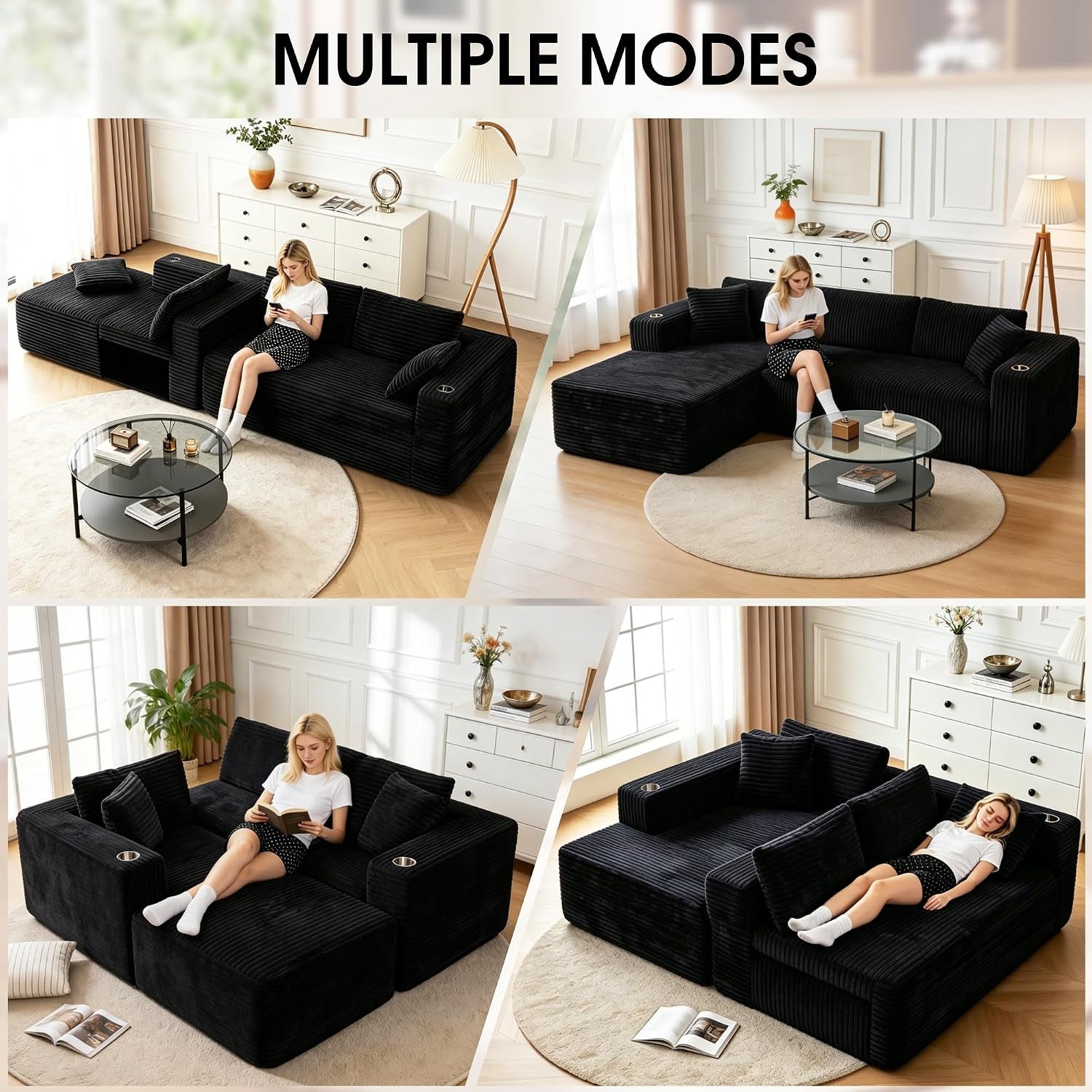Cloud Sectional Boneless Couches for Living Room,Modular Sectional Sofa with 2 Cup Holders,Memory Foam Cloud Couch with L Shaped Oversized Chaise,No Assembly Needed Plush Corduroy Sofa,Black