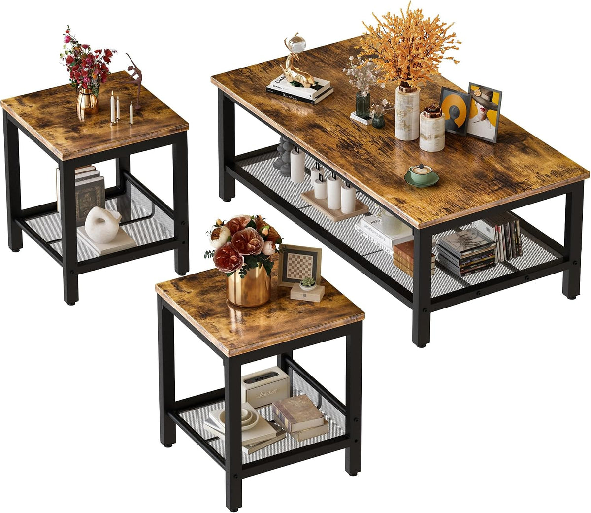 Three-piece industrial table set with distressed brown wood tops and black metal frames, staged with decor.