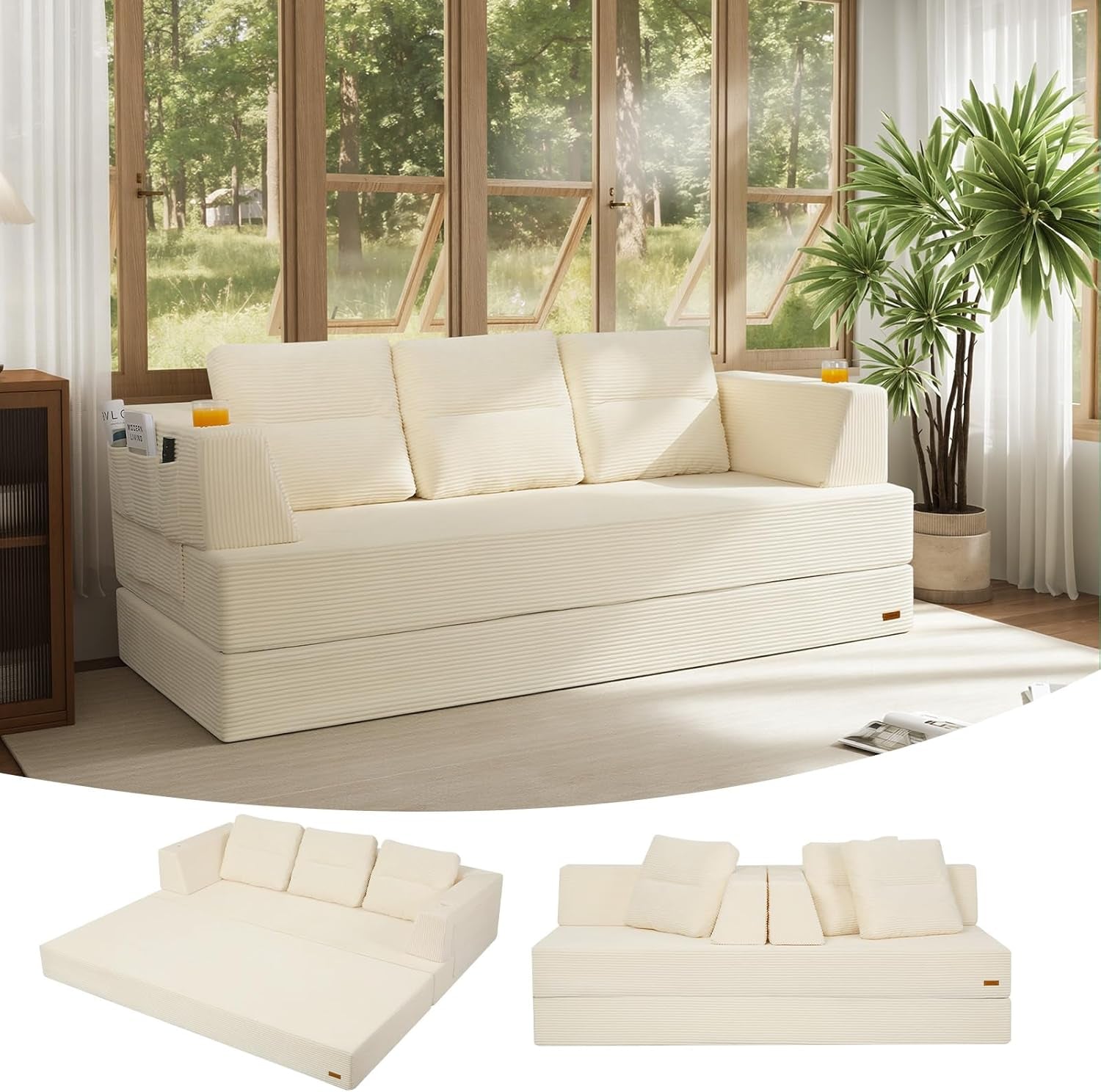 Cream corded-fabric futon sofa in a bright room with three back cushions and a potted plant by the window, thumbnails below.
