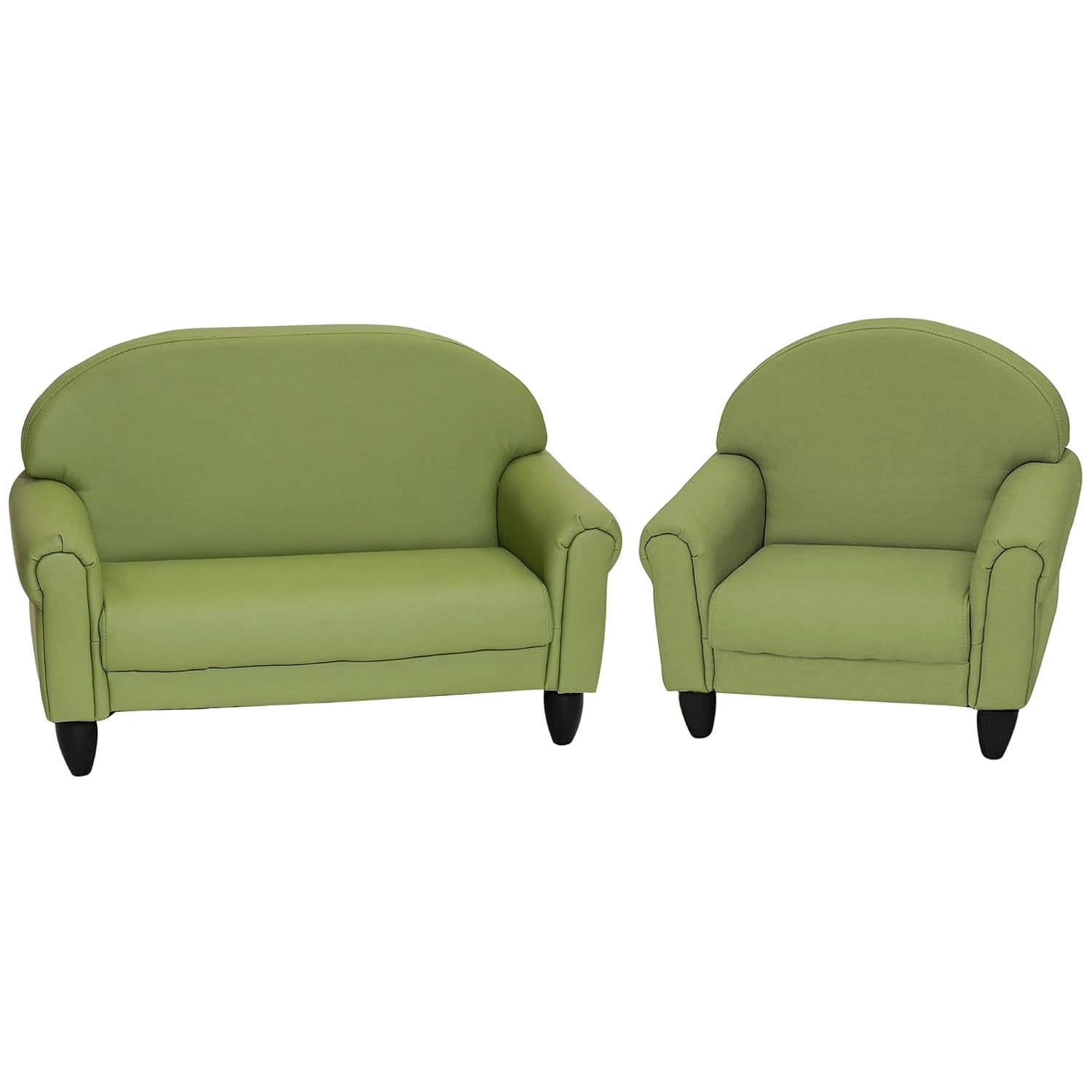 Two-piece kids sofa and matching armchair in olive green on a white background