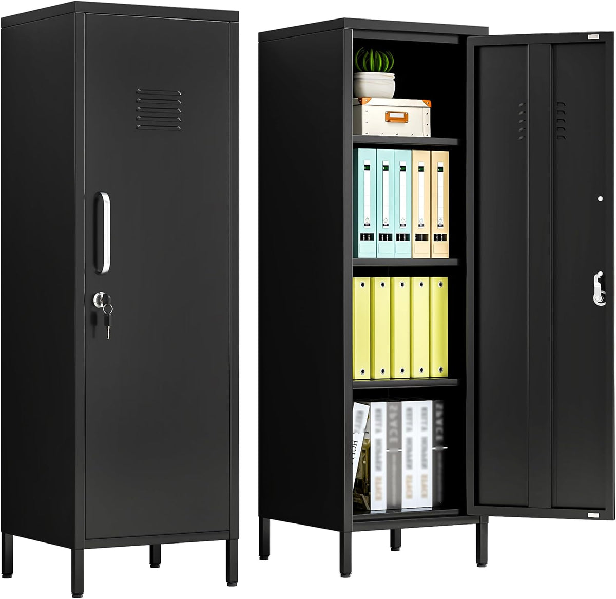 Two black steel lockers side by side; center unit shown open with three shelves holding binders and a small plant