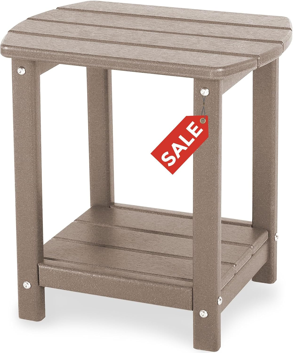Three-quarter view of a brown slatted two-tier outdoor side table with a red sale tag hanging from one leg.