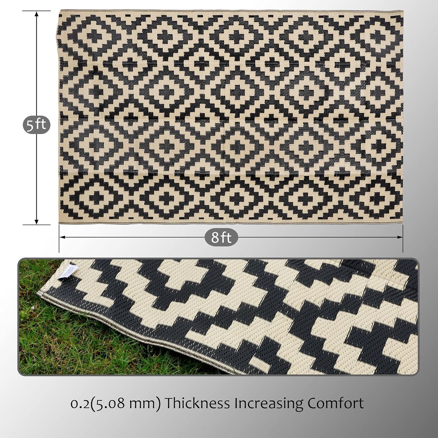 Top-down view of the black-and-cream rug with arrows indicating width and height and a stitched-edge close-up