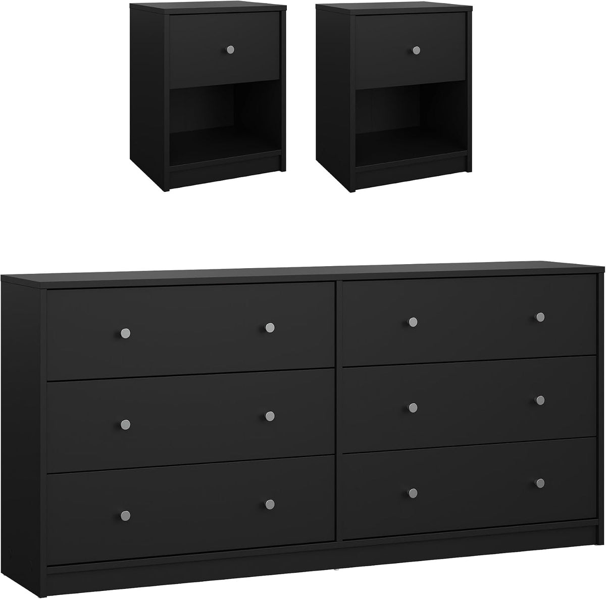 Isolated front views of the two one-drawer nightstands above a six-drawer double dresser on a white background