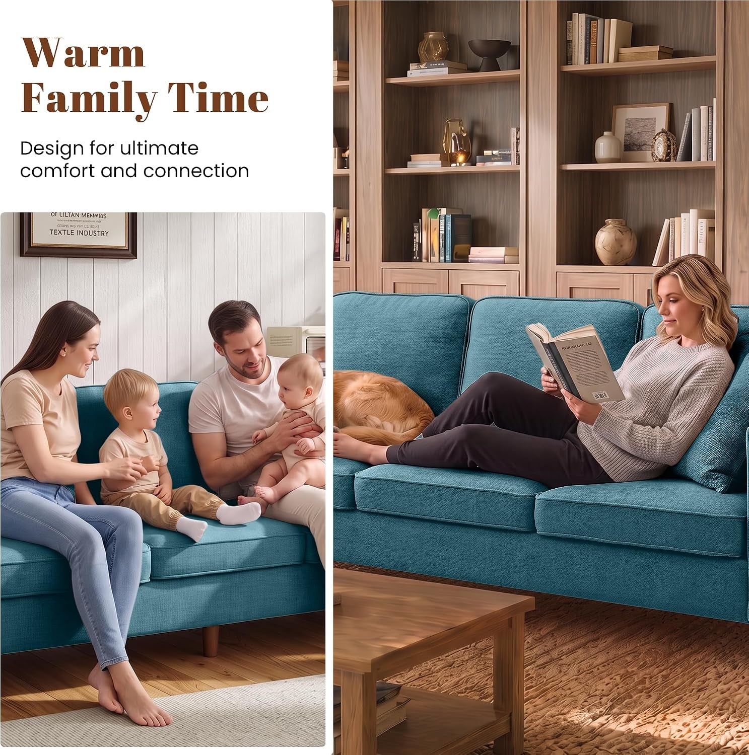 Two-scene lifestyle image of a family and a woman lounging on teal chenille sofa in home settings