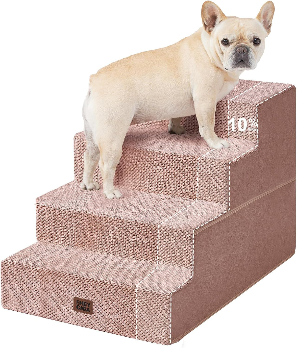 Dusty pink four-step stairs viewed from front with a tan French bulldog on the middle steps