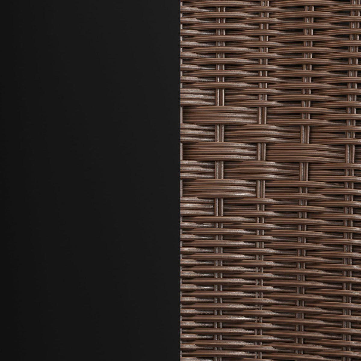 Vertical close-up showing brown woven rattan texture next to a black panel