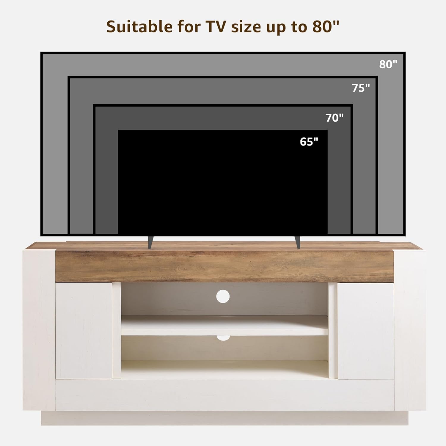 Front view of the media console with layered TV silhouettes illustrating compatibility up to an 80-inch screen.