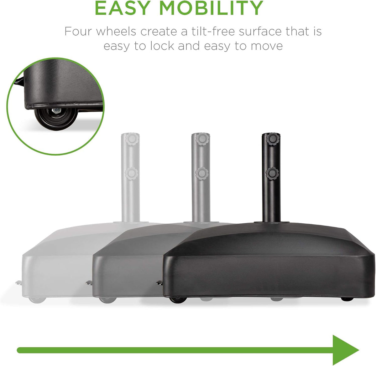 Side view highlighting a wheel and three colored bases in a motion-style graphic illustrating mobility