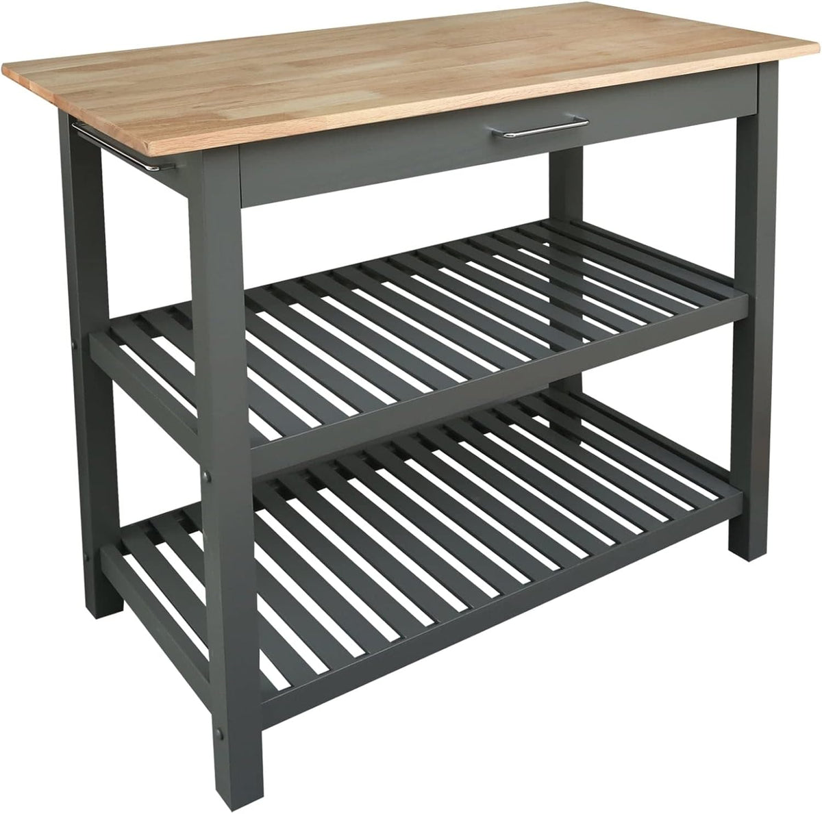 Three-quarter side view of island with natural wood top and dark gray painted frame and slatted shelves.