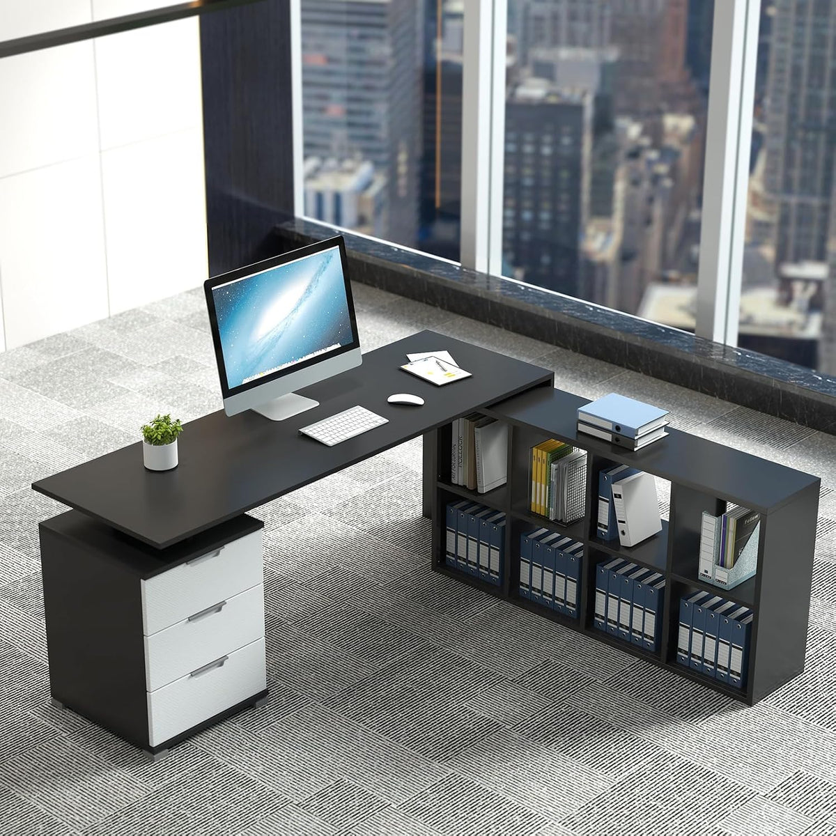 Black 8-cube shelf used as a desk base in an office setting with a monitor on the tabletop and storage inside cubbies.