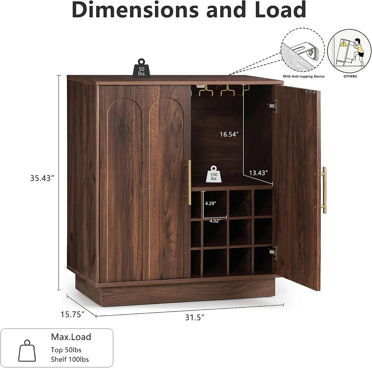 Dimension diagram of walnut cabinet showing 31.5" width, 35.43" height and 15.75" depth with load icons