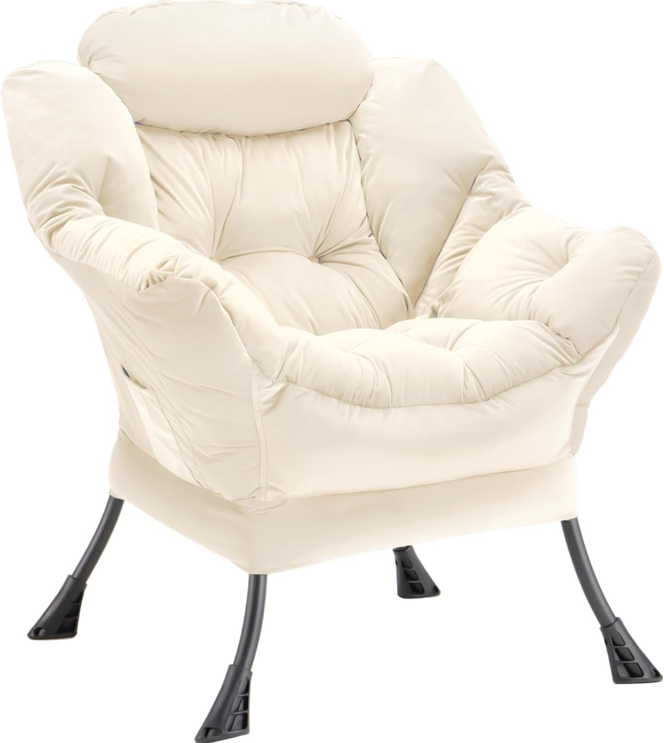 Three-quarter front view of a plush cream-colored velvet lounge chair on black metal legs.