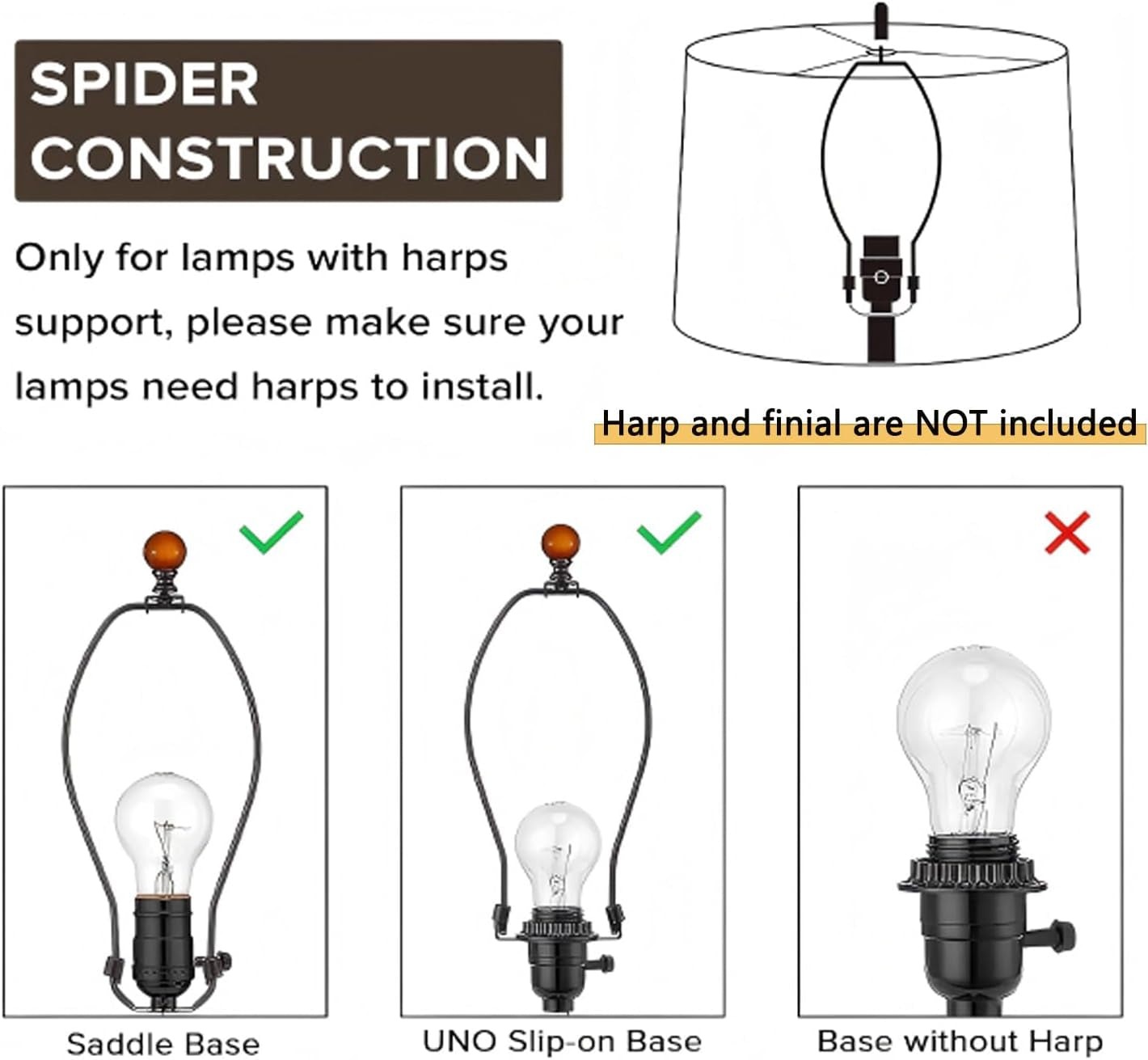 Graphic diagram showing spider construction and harp-supported lamp compatibility instructions