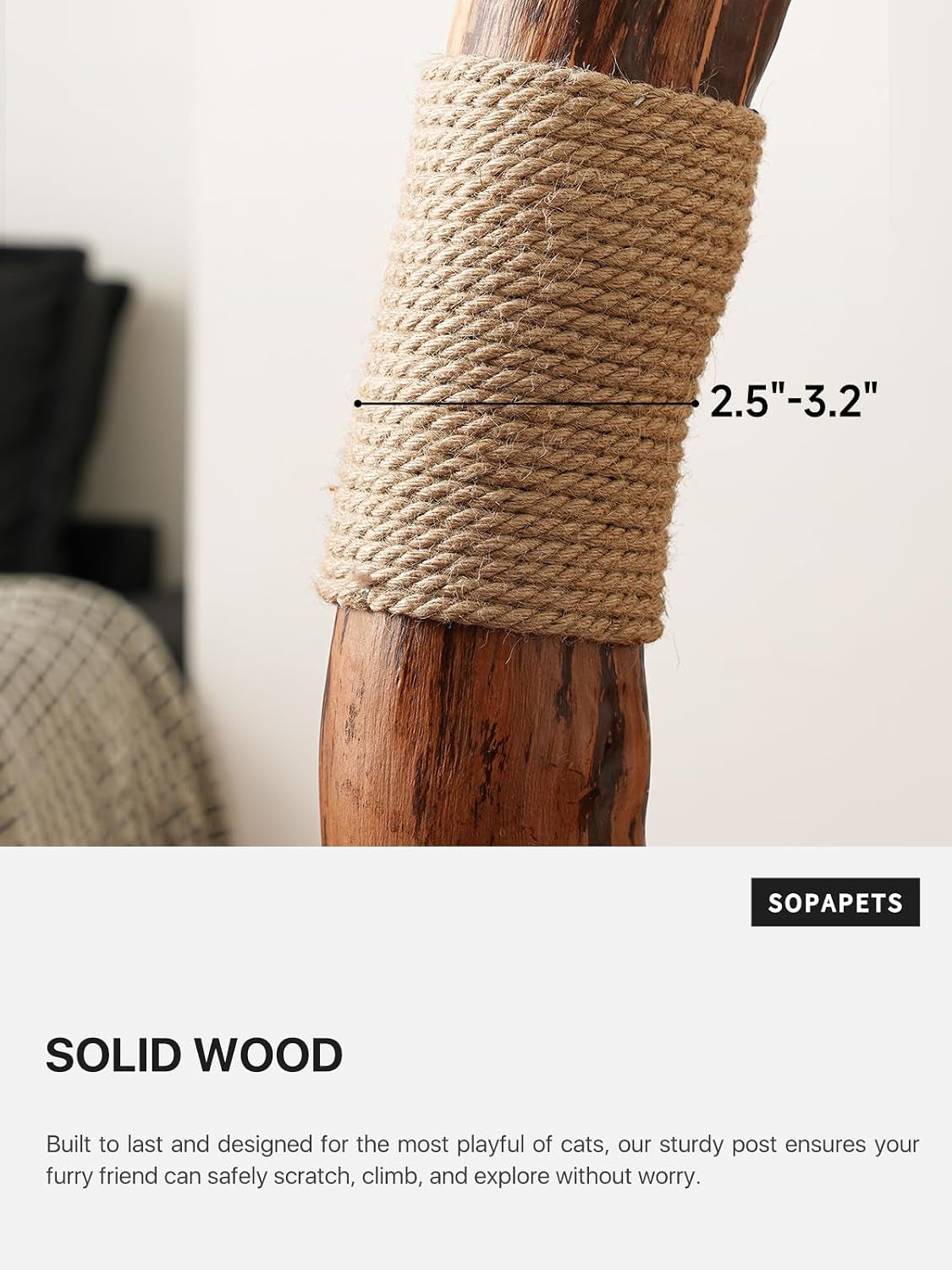 Close-up of a sisal-wrapped scratching post on a wood branch showing rope texture and diameter markings