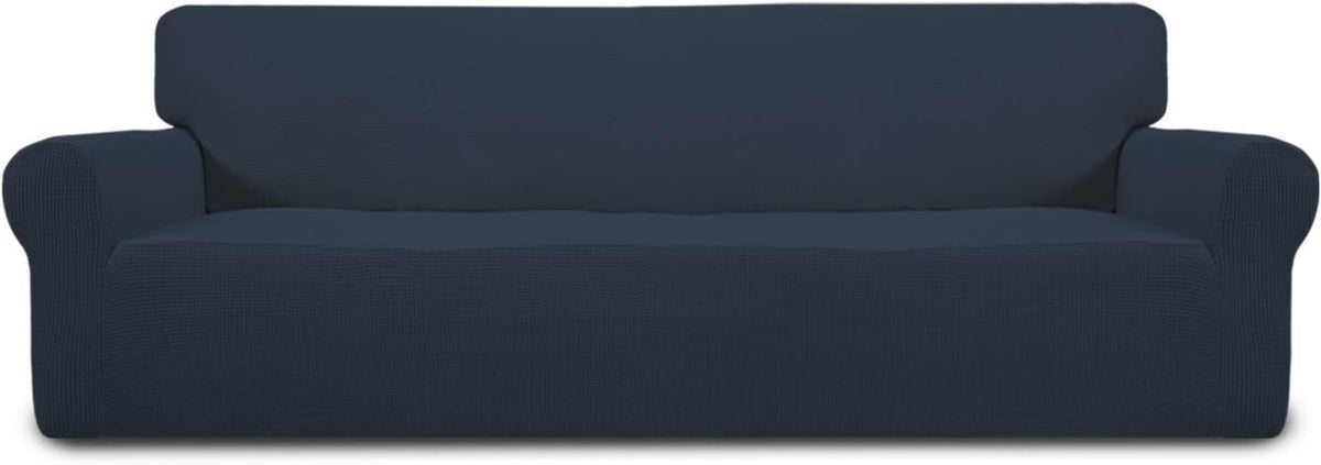 Front-facing navy loveseat cover shown on a white background with a soft shadow beneath the base.