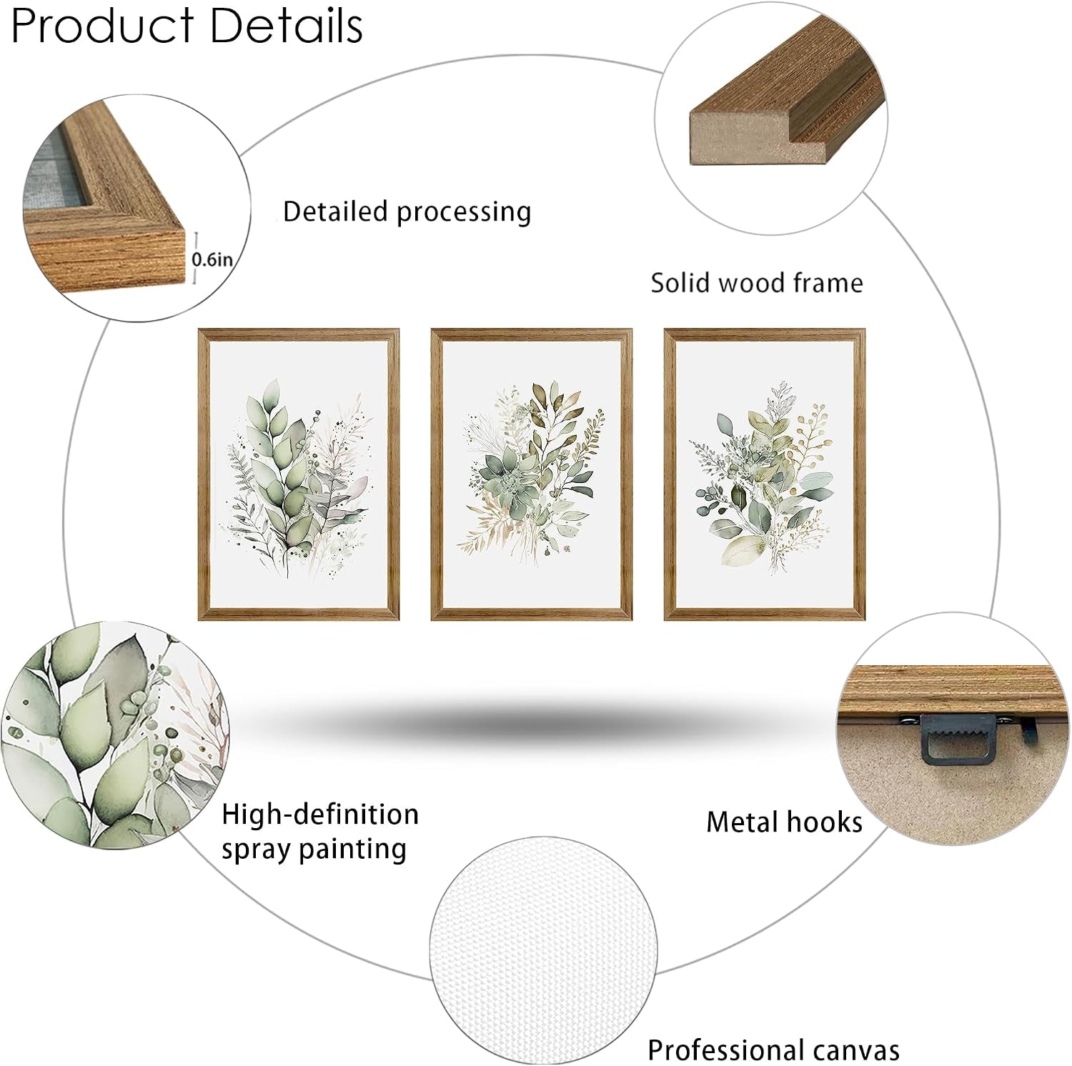 Close-up product detail graphic showing natural wood frame cross-section, canvas texture, and metal hanging hooks