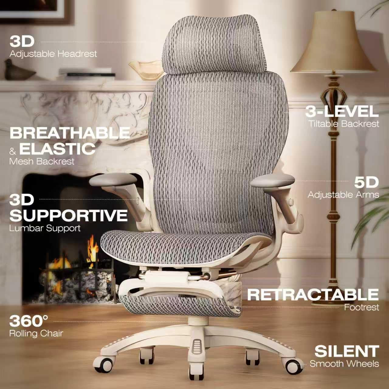Front view of grey mesh office chair in a living room setting with feature callouts and retractable footrest