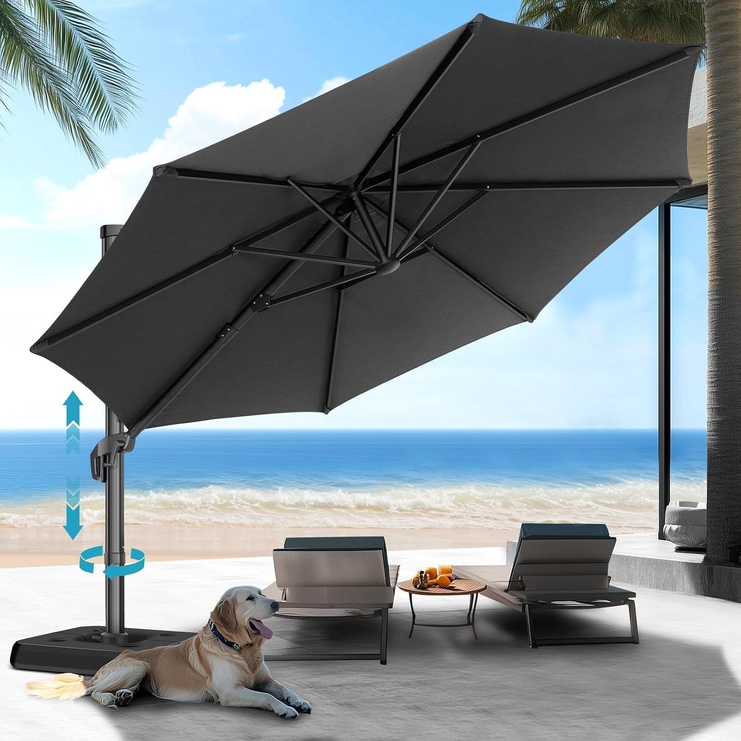 Outdoor offset umbrella with dark gray canopy over two lounge chairs and a dog lying in foreground