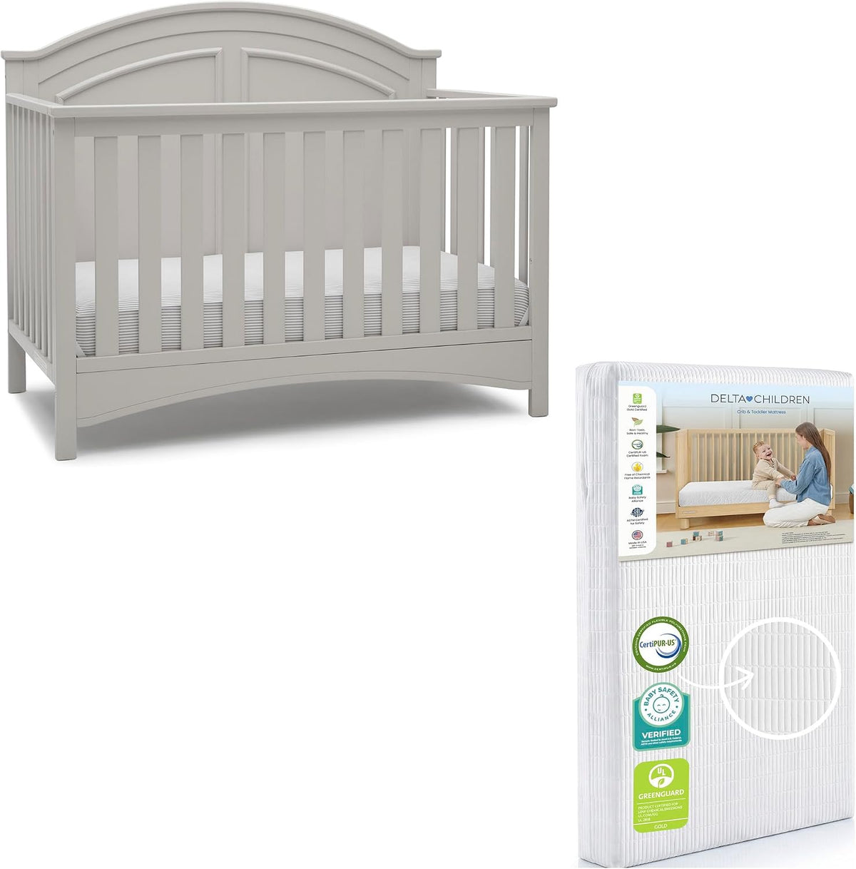 White crib shown beside a boxed mattress package positioned on a plain white background.