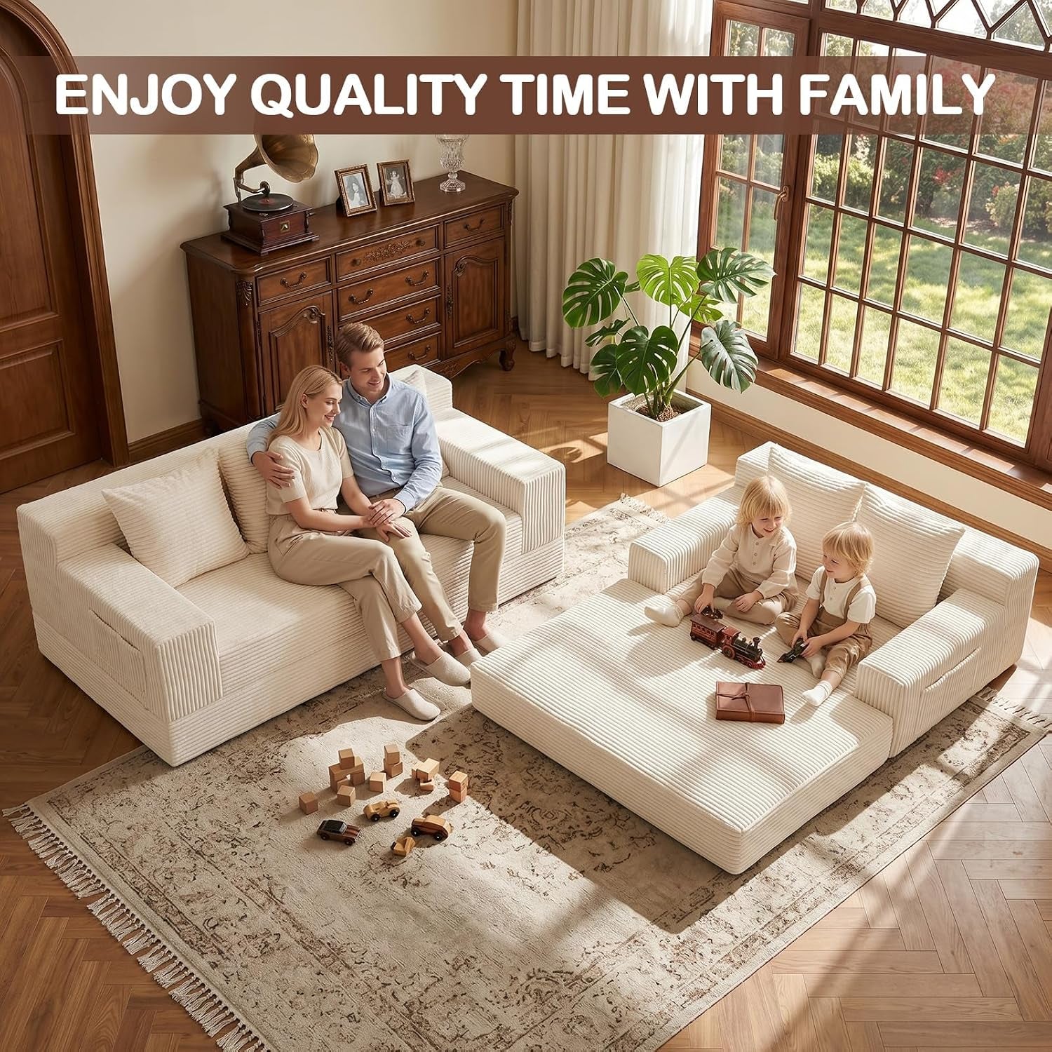 Boneless Loveseat Couch Folding Sofa Bed, Foldable Floor Futon Sleeper Couch Bed - Convertible Sofa Bed, Corduroy Pull Out Sofa Bed with 2 Pillows for Living Room & Bedroom