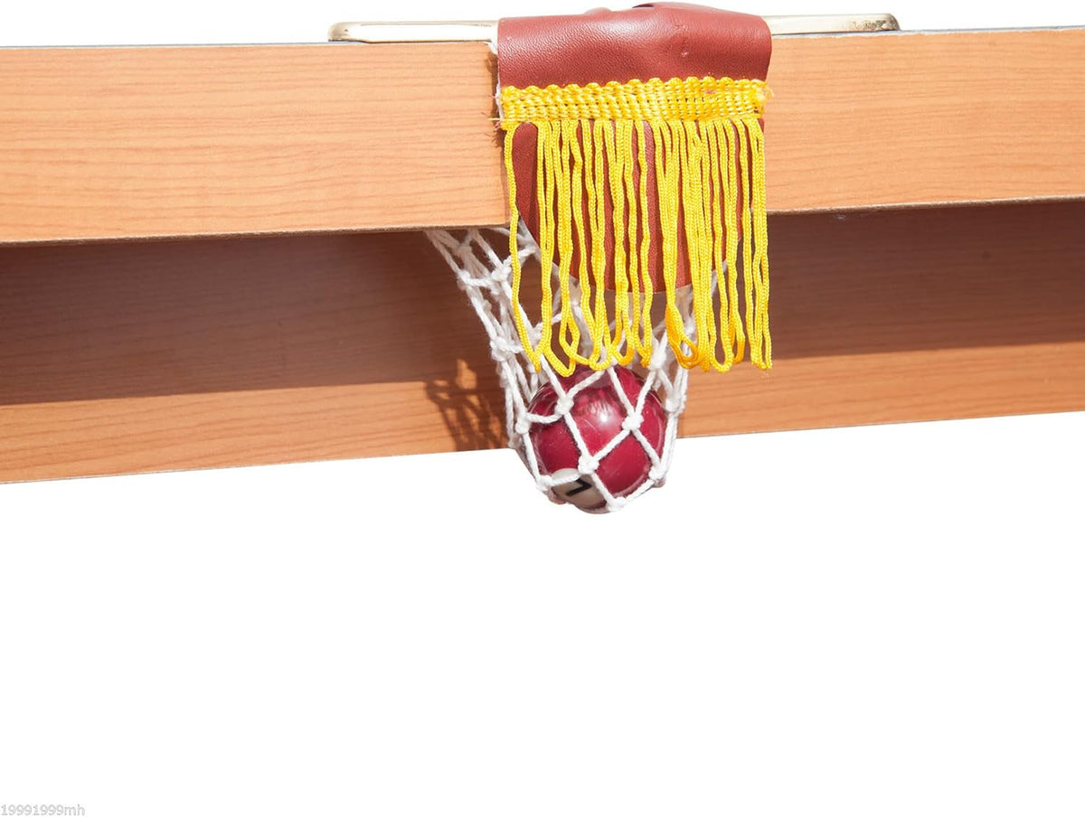 Close-up underside view of a wooden rail pocket with yellow fringe and a red ball caught in a white net.