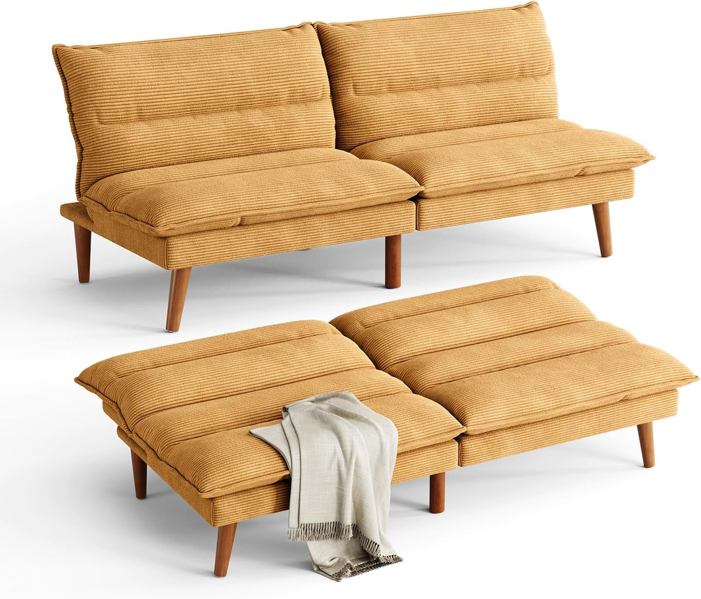Mustard-yellow corduroy futon shown upright as a small sofa and unfolded flat into a bed with a light throw draped.