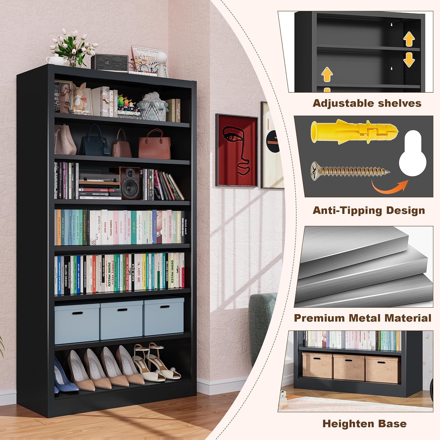 Feature collage showing adjustable shelves, anti-tipping hardware, premium metal panels and base detail on a black cabinet.