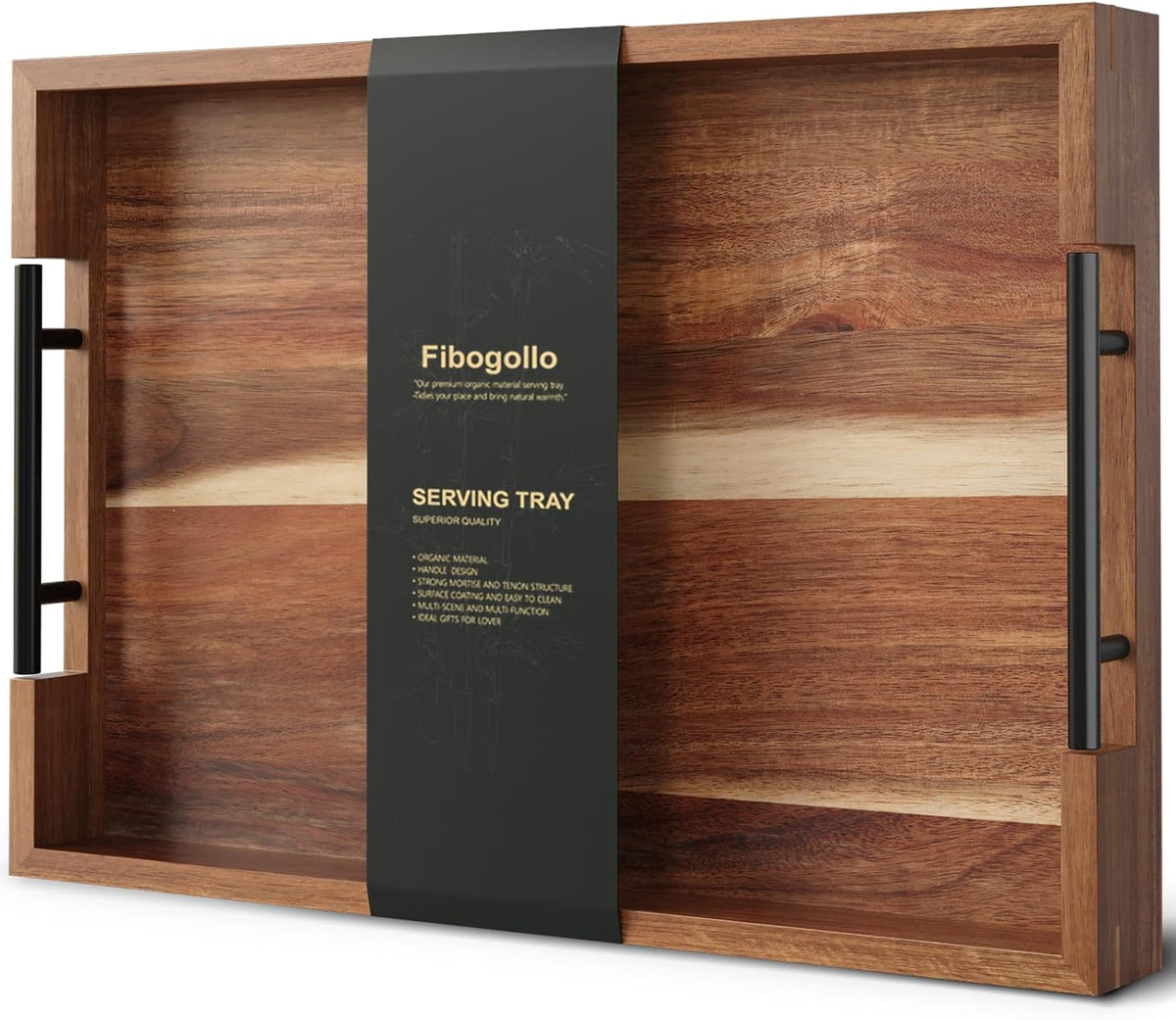 Front-facing view of a single rectangular acacia tray showing rich wood grain and black metal handles at each side