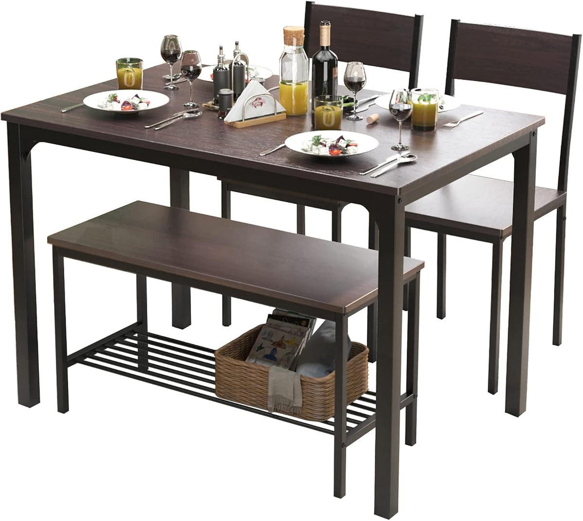 Close view of rectangular dining table set with place settings, two chairs and bench with slatted lower shelf and basket
