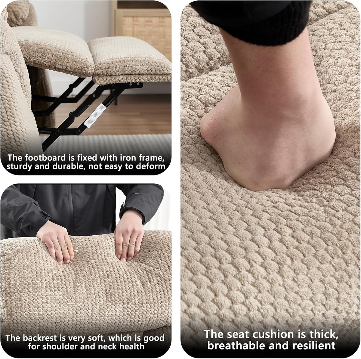 Three-panel collage showing the recliner metal footrest mechanism, hands pressing the back cushion, and a foot pressing into