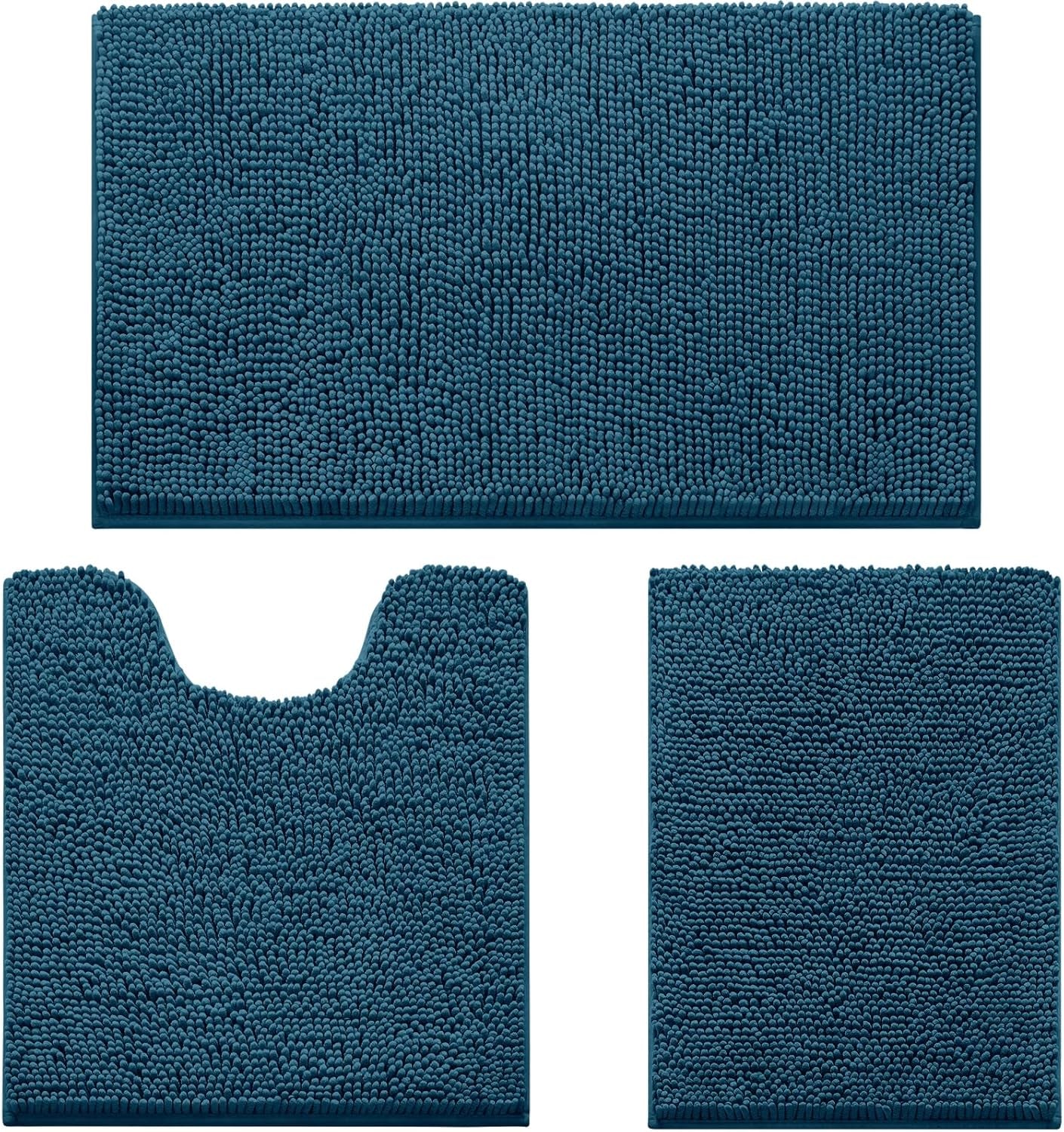 Three-piece teal/blue chenille bath rug set laid flat: large rectangle, U-shaped contour, and small rectangle.