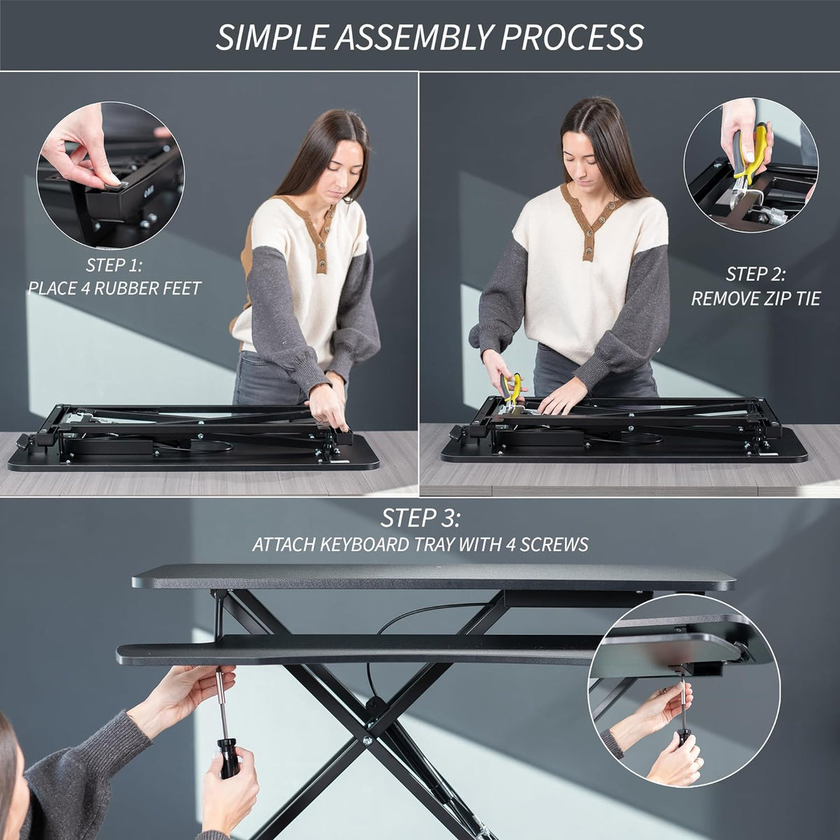 Two-panel assembly images: person placing rubber feet and removing a zip tie, then using a screwdriver to attach the