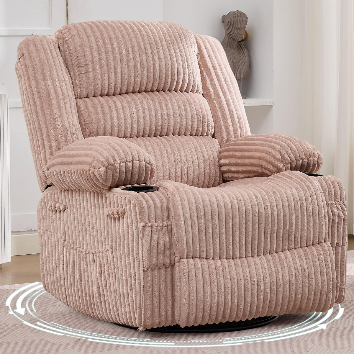 Close front-left view of blush pink corduroy upholstery showing ribbed texture and a side storage pocket.
