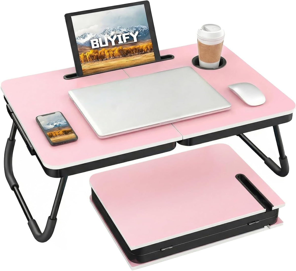 Top-down view of a pink foldable lap desk showing tablet slot, cup holder and folded panel beneath