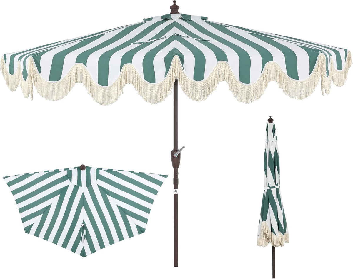 Front view of green and white striped half-umbrella open on a dark brown pole, plus flat and closed views at left and right