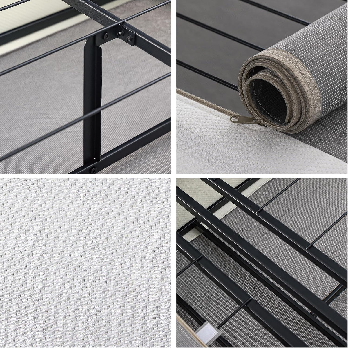 Four close-up panels of metal slats, rolled cover zipper, fabric texture and frame
