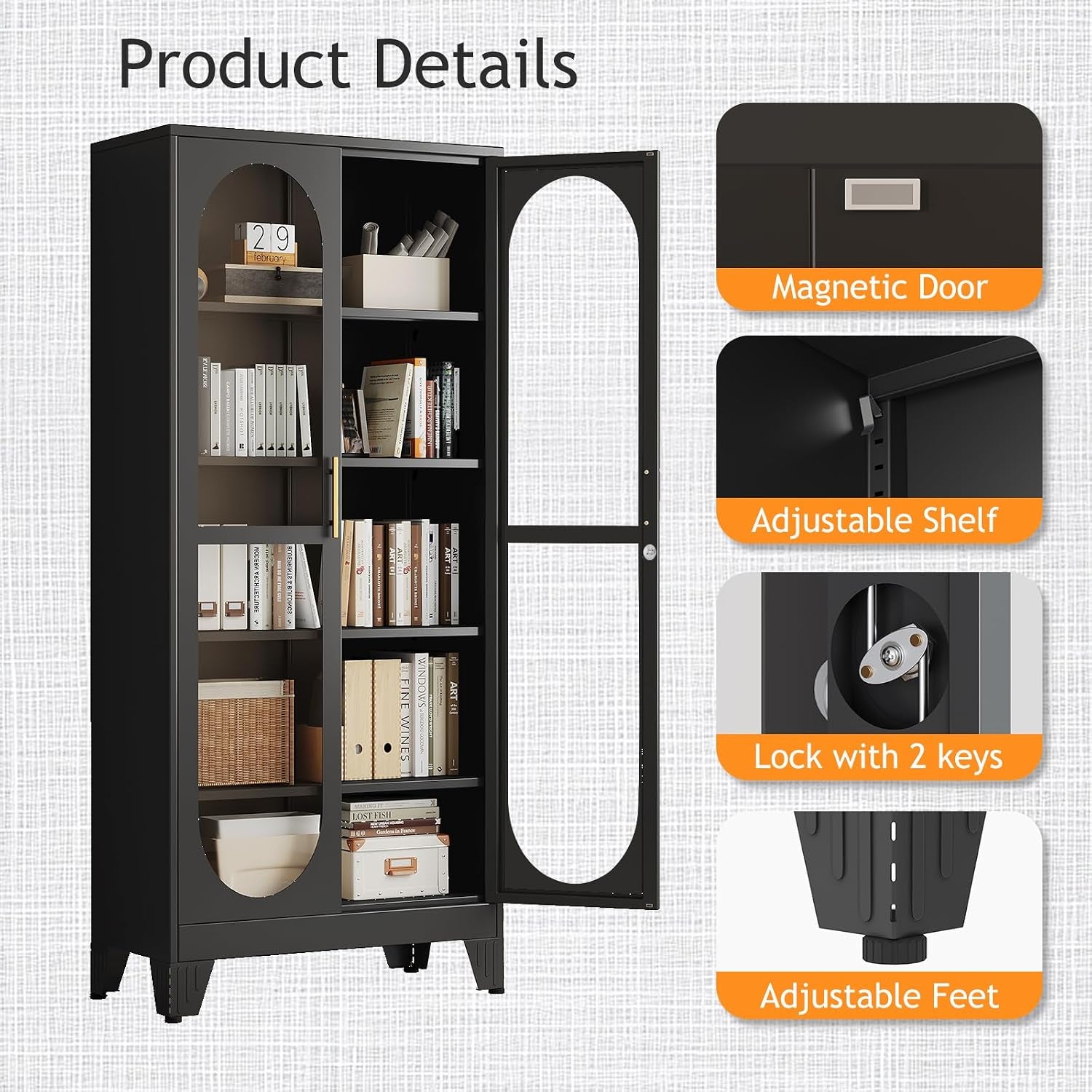 Black display cabinet with product detail callouts for magnetic door, adjustable shelves, lock with keys and adjustable feet