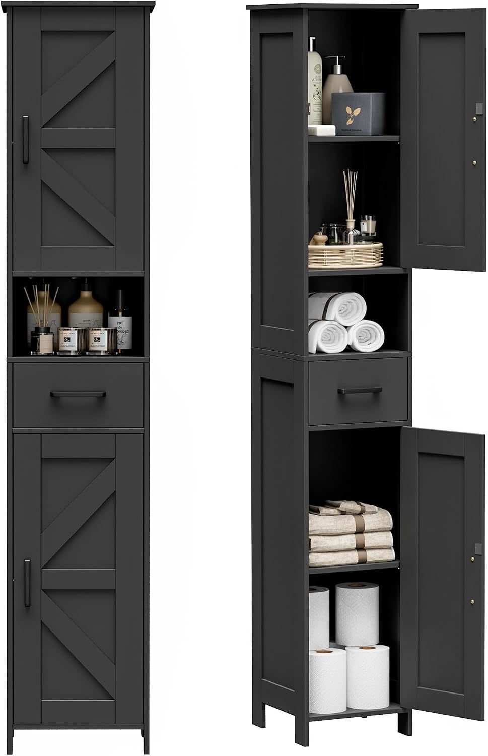 Matte black tall storage cabinet pictured closed left and open right displaying shelves, drawer and doors
