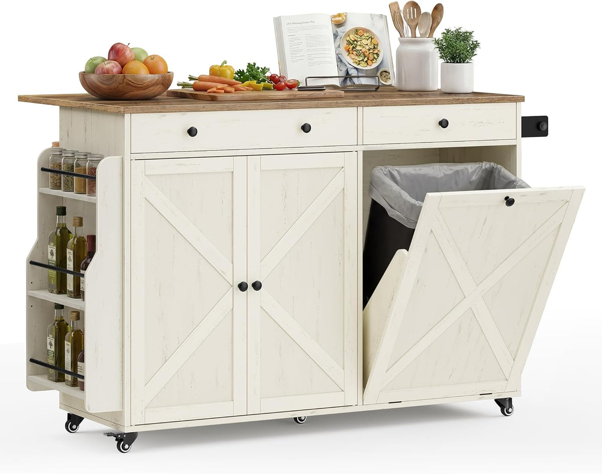 Front three-quarter view of a white mobile kitchen island with honey wood top, drawers, side spice rack and a tilted bin