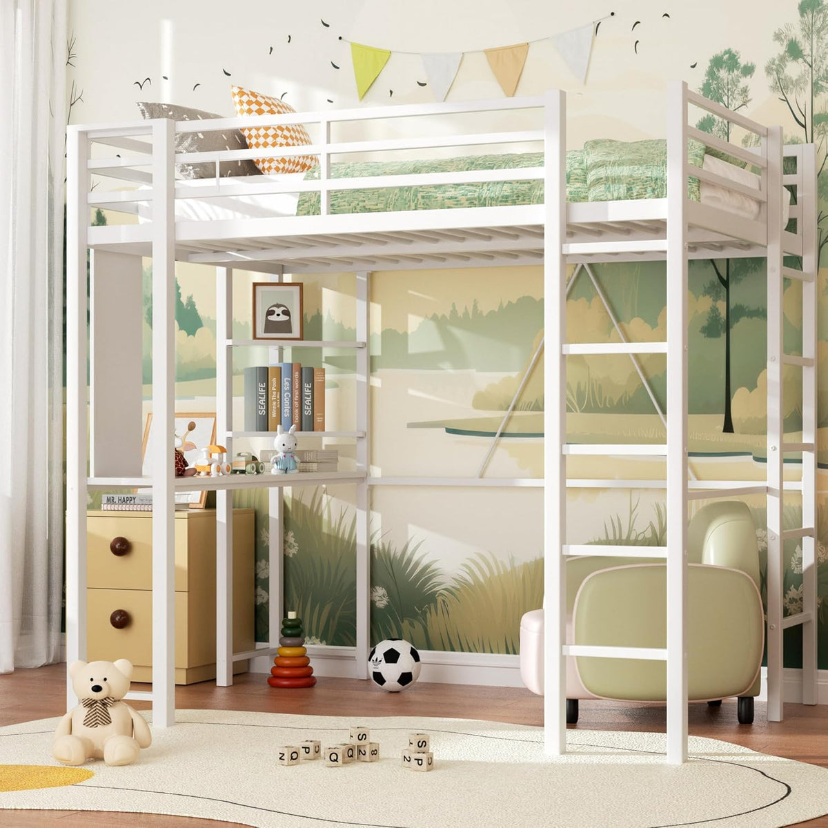 White loft-style twin-over-full bed with ladder, desk area underneath and children's toys on floor.